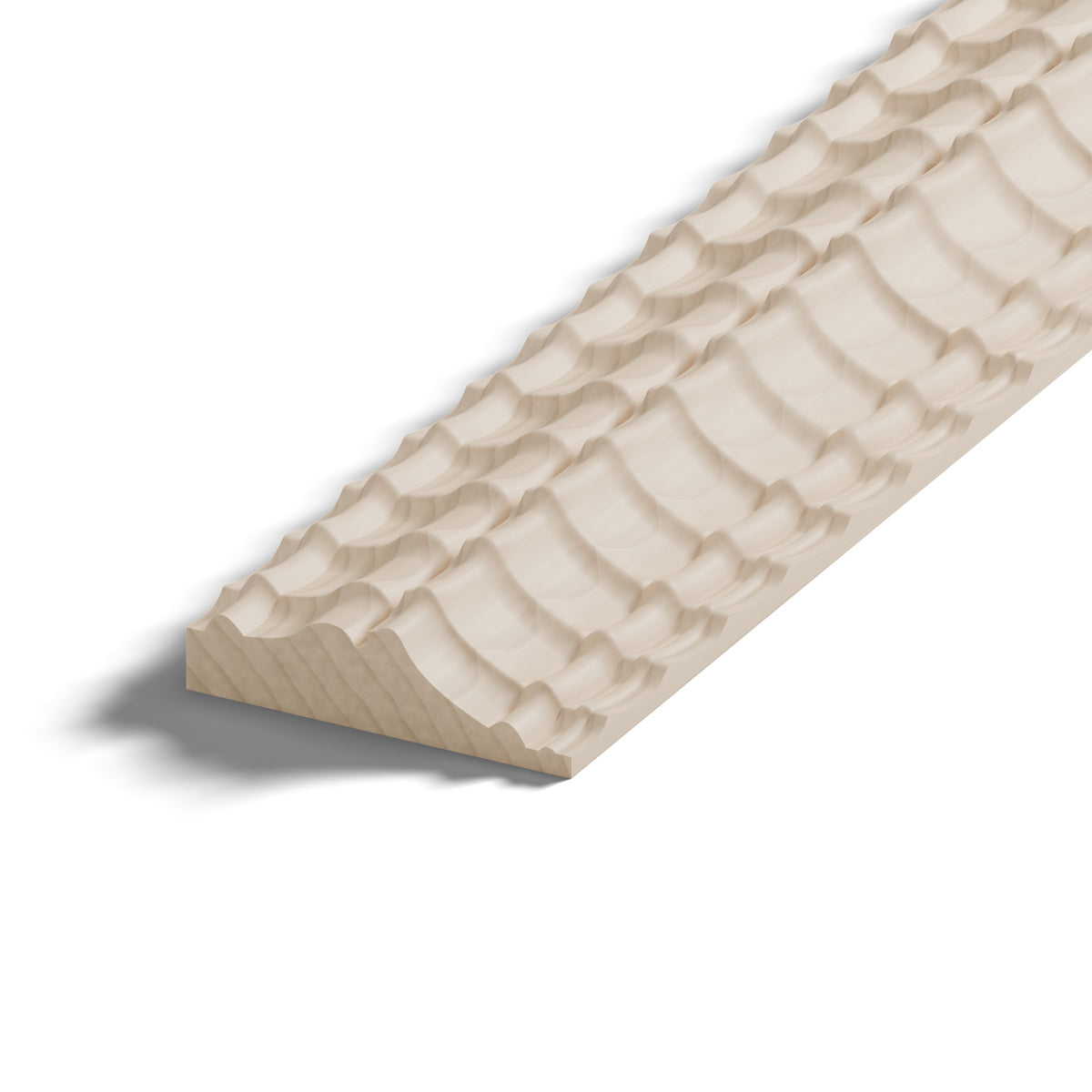 Ripple molding #424-52 in raw hard maple, close-up of the end, showing the profile