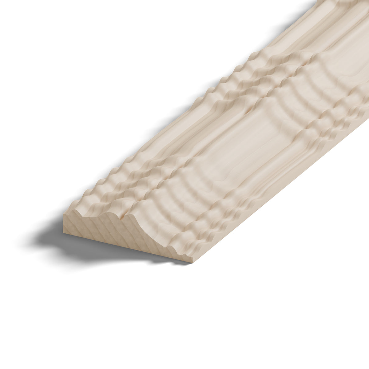Ripple molding #424-70 in raw hard maple, close-up of the end, showing the profile