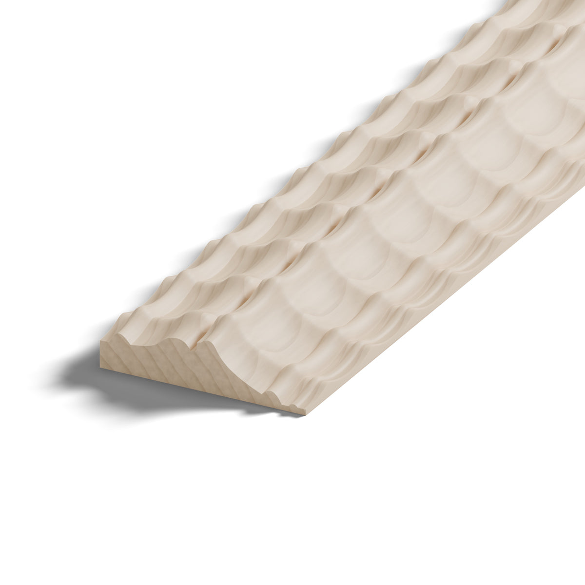 Ripple molding #424-73 in raw hard maple, close-up of the end, showing the profile