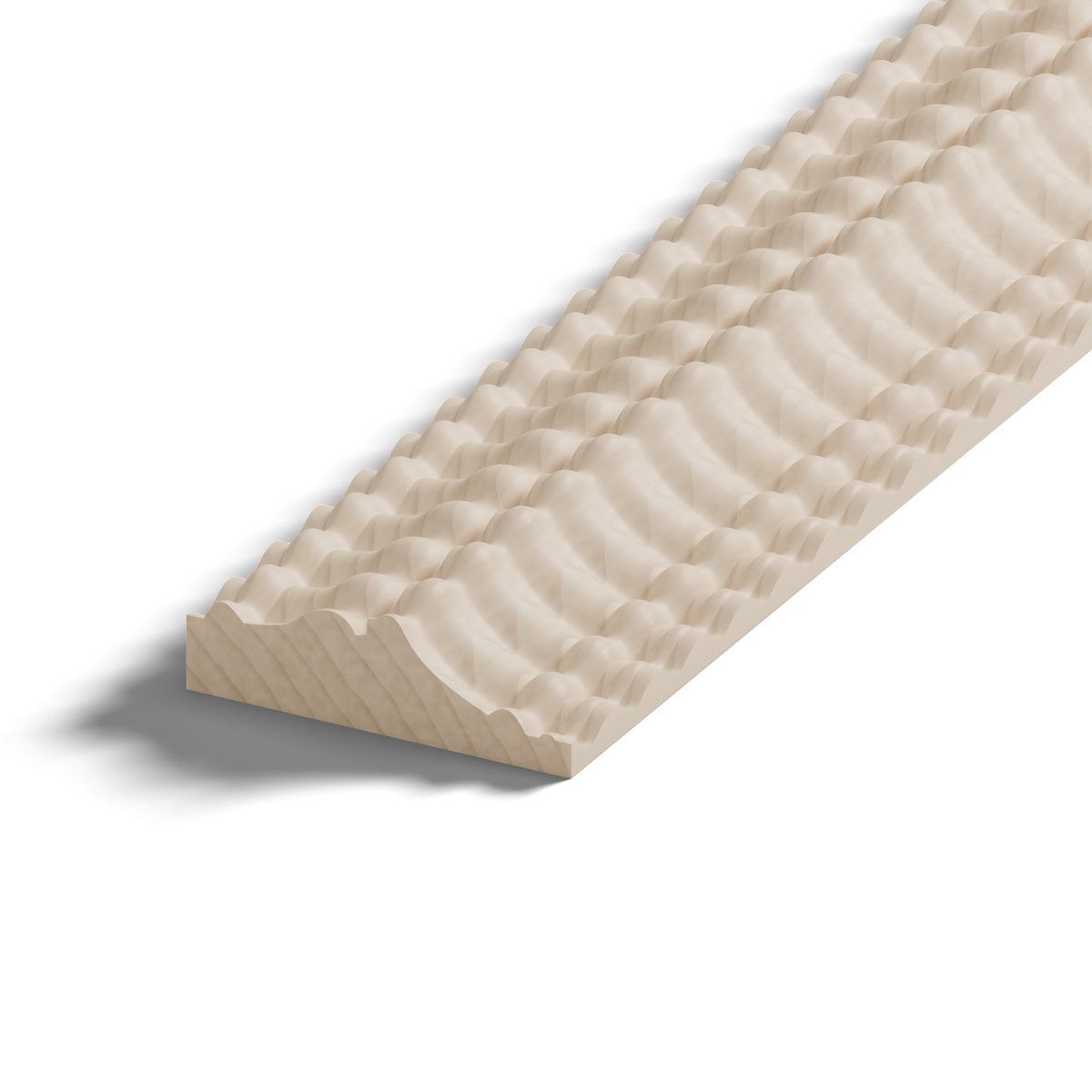 Ripple molding #424-79 in raw hard maple, close-up of the end, showing the profile