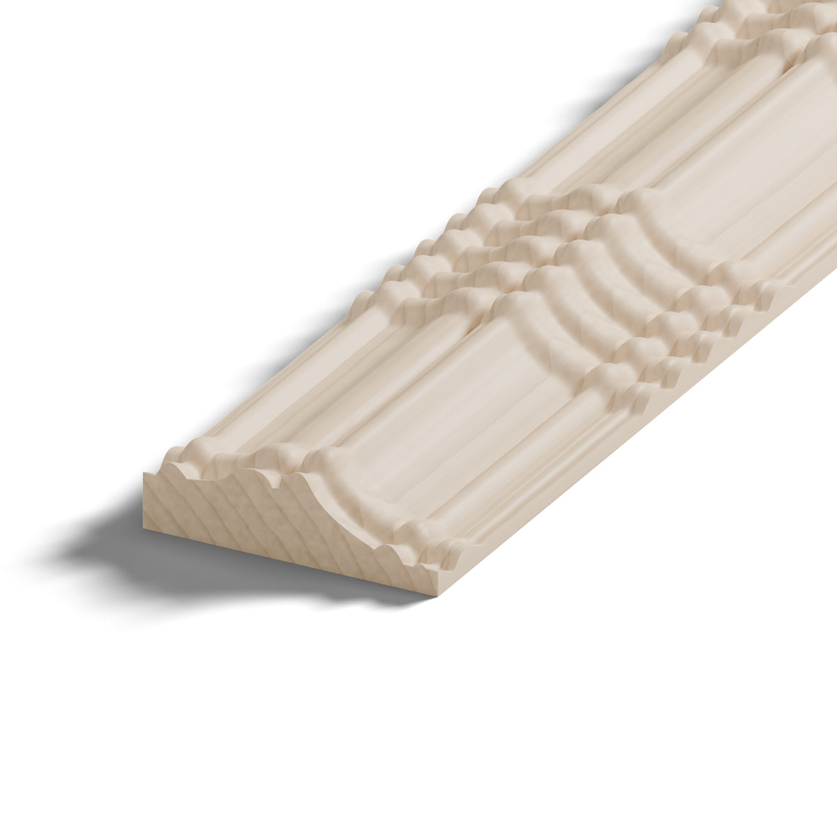 Ripple molding #424-84 in raw hard maple, close-up of the end, showing the profile