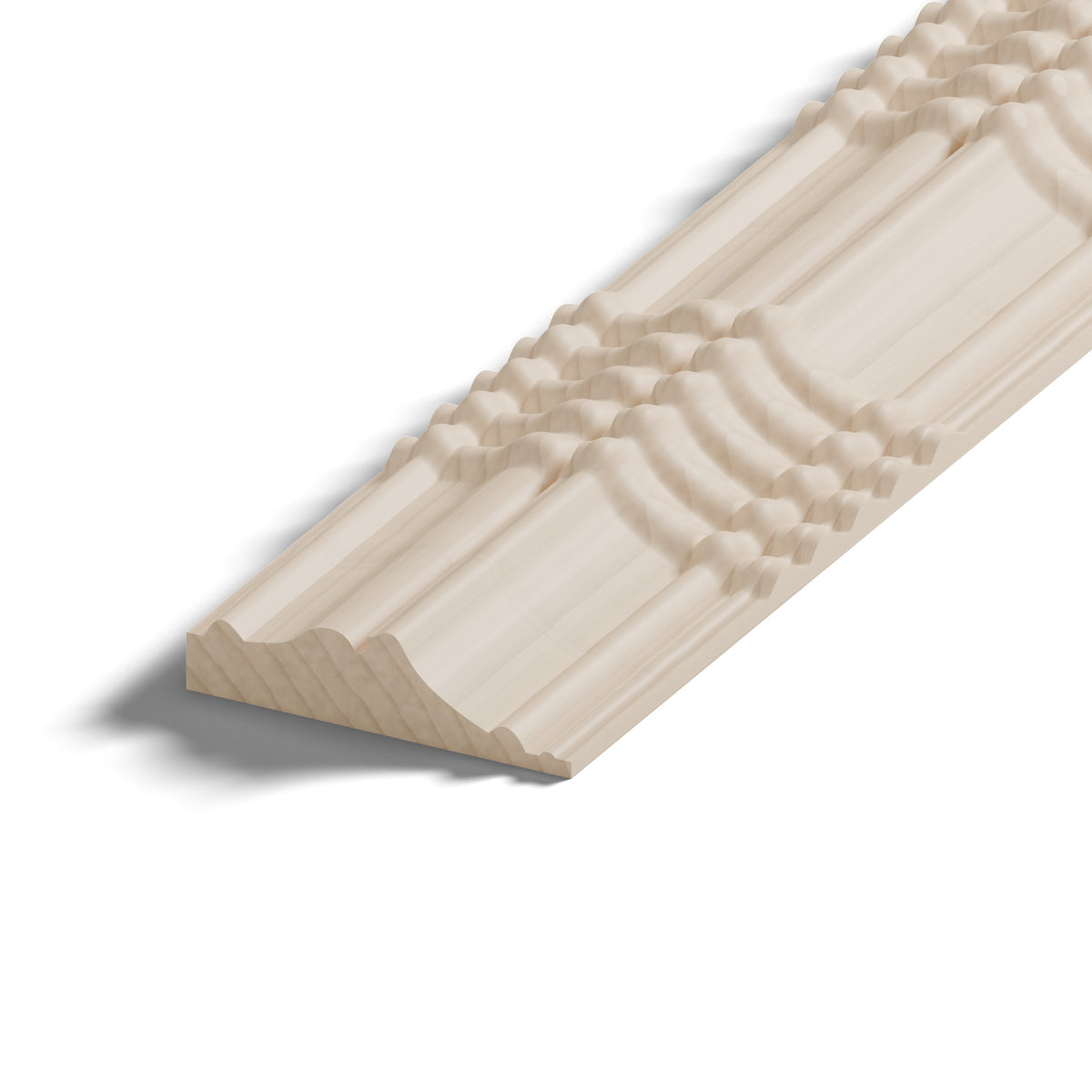 Ripple molding #424-85 in raw hard maple, close-up of the end, showing the profile