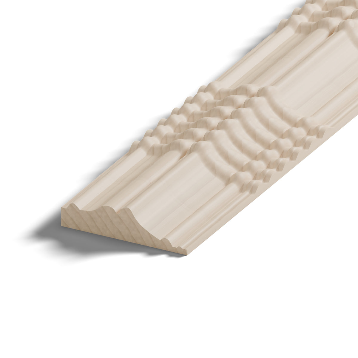 Ripple molding #424-86 in raw hard maple, close-up of the end, showing the profile